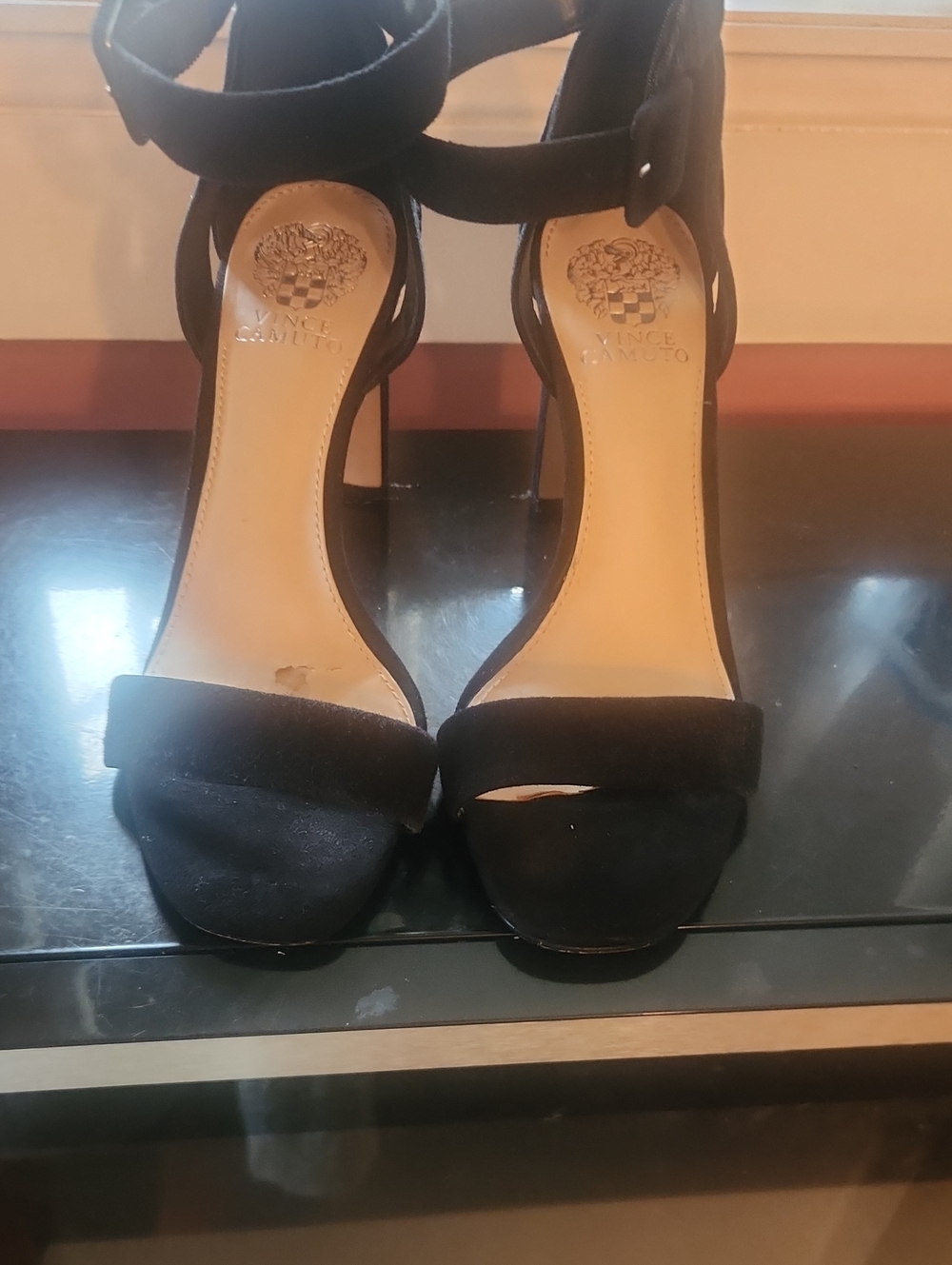 Vince Camuto Black Suede Open-Toe Ankle-Strap  4"Heels